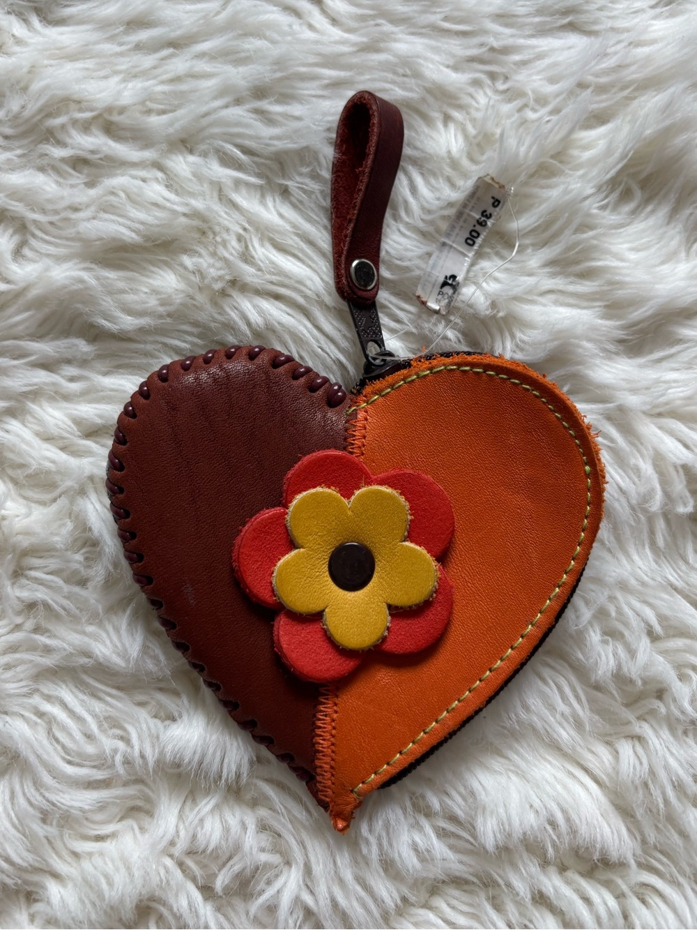 Heart Shaped Leather Wallet with Flower Accent - Brown & Orange